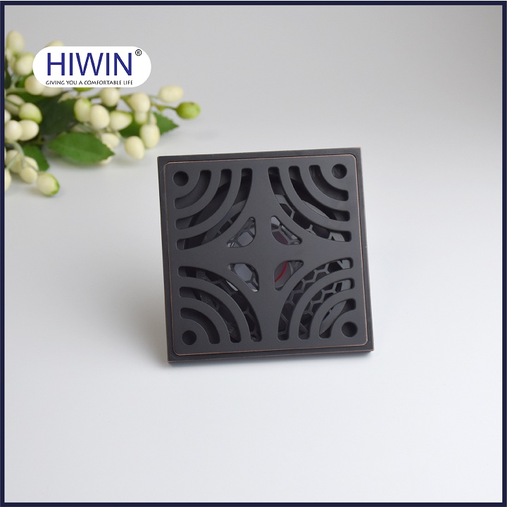 Phễu thoát sàn ngăn mùi hôi thoát nước nhanh đồng mạ đen kích thước 100x100mm HIWIN FD-1414B