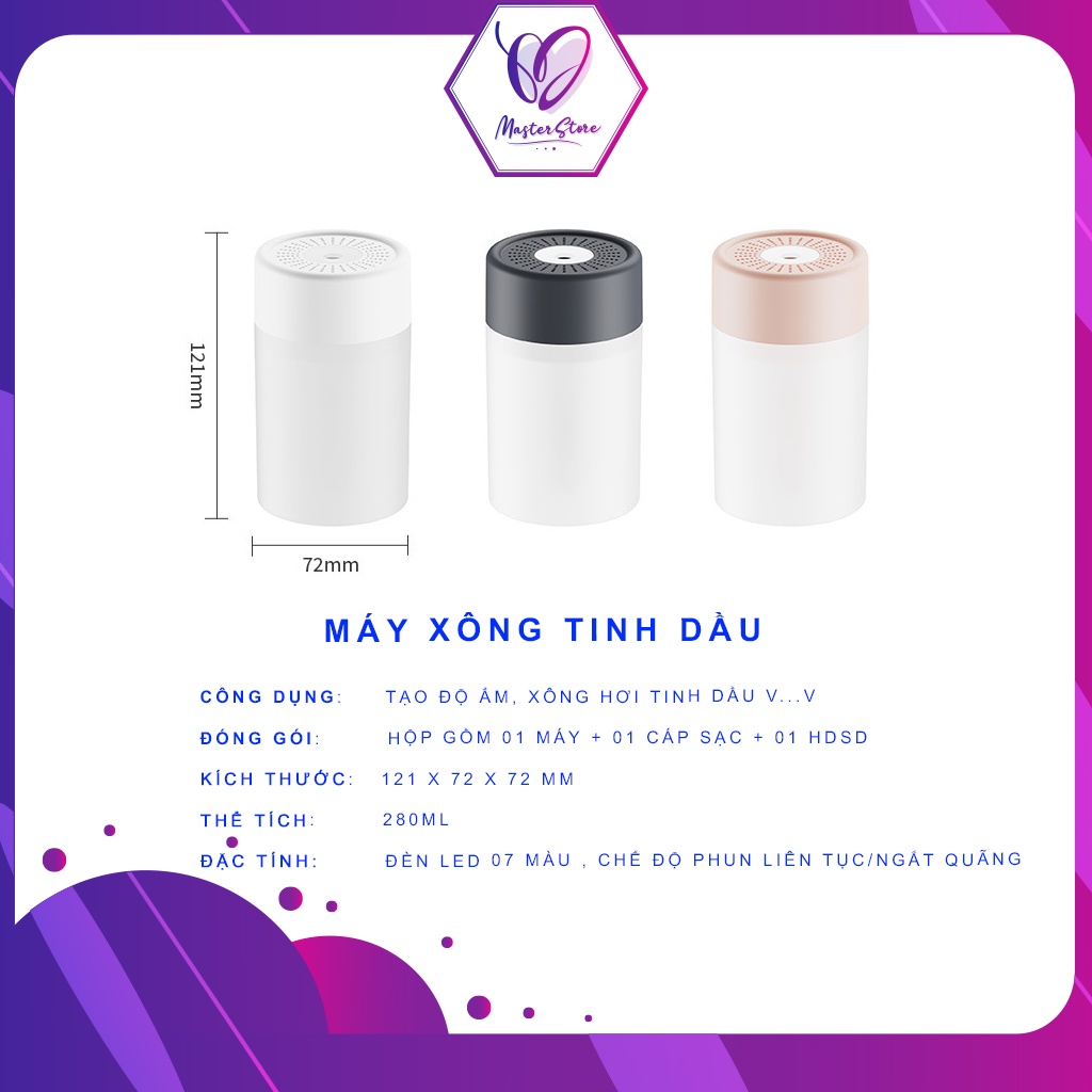 Máy xông tinh dầu, phun sương, tạo ẩm, nhiều chế độ đèn màu Master Store