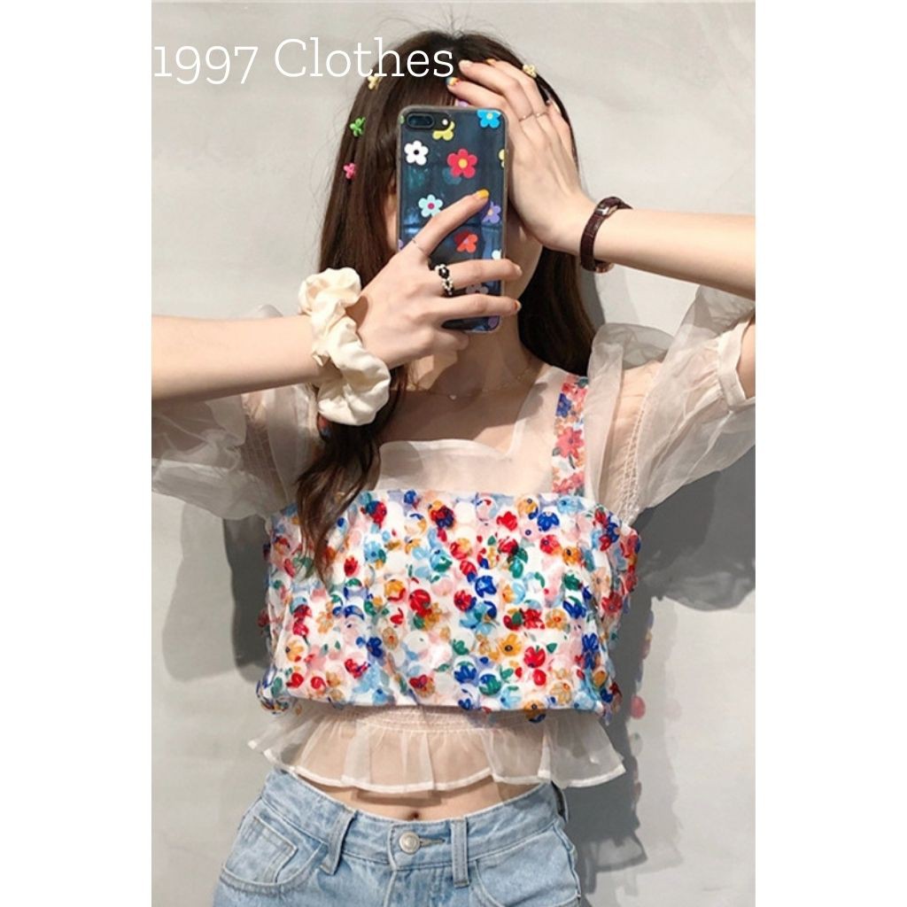 [1997 CLOTHES] Áo croptop vải voan ngắn tay kết hợp áo 2 dây ngoài A2D03