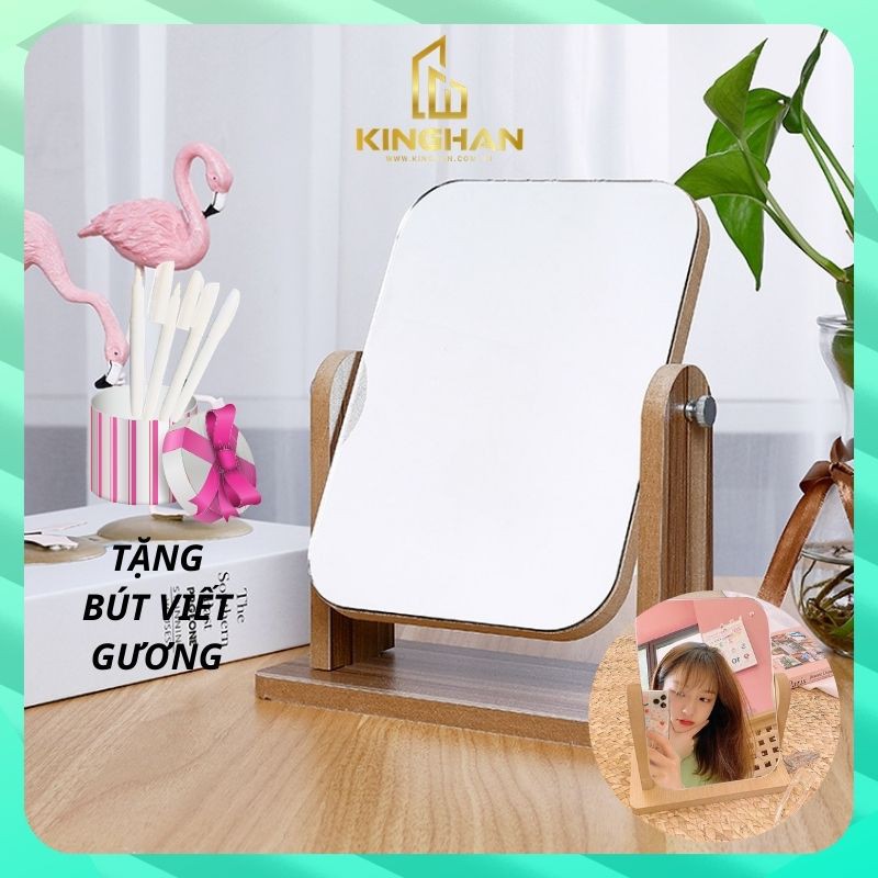 Gương Gỗ Để Bàn Trang Điểm Phong Cách Hàn Quốc, Gương Bỏ Túi Trang Điểm KingHan, Gương Xoay 360 độ, 3 Kích Thước