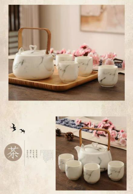 Bộ Ấm Chén Bằng Sứ Hoa Văn Đá Cẩm Thạch Phong Cách Nhật Bản dùng pha trà biếu tặng cao cấp