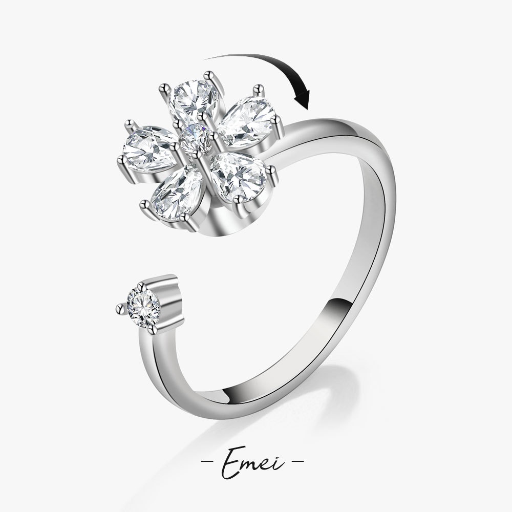 Nhẫn Hở Hình Cỏ Bốn Lá May Mắn Đính Đá Kim Cương Có Thể Điều Chỉnh Kích Cỡ