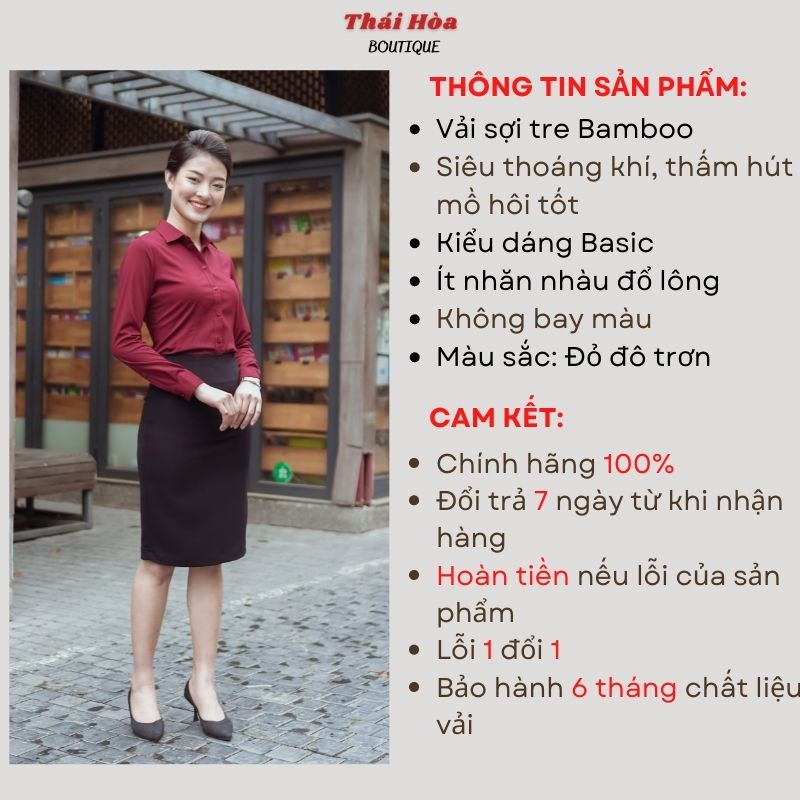 Áo sơ mi nữ công sở kiểu dài tay vải sợi tre cao cấp màu đỏ đô Thái Hoà 8919-12-01