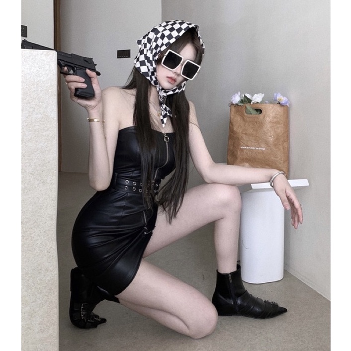 Đầm body da cúp ngực kèm đai Ulzzang