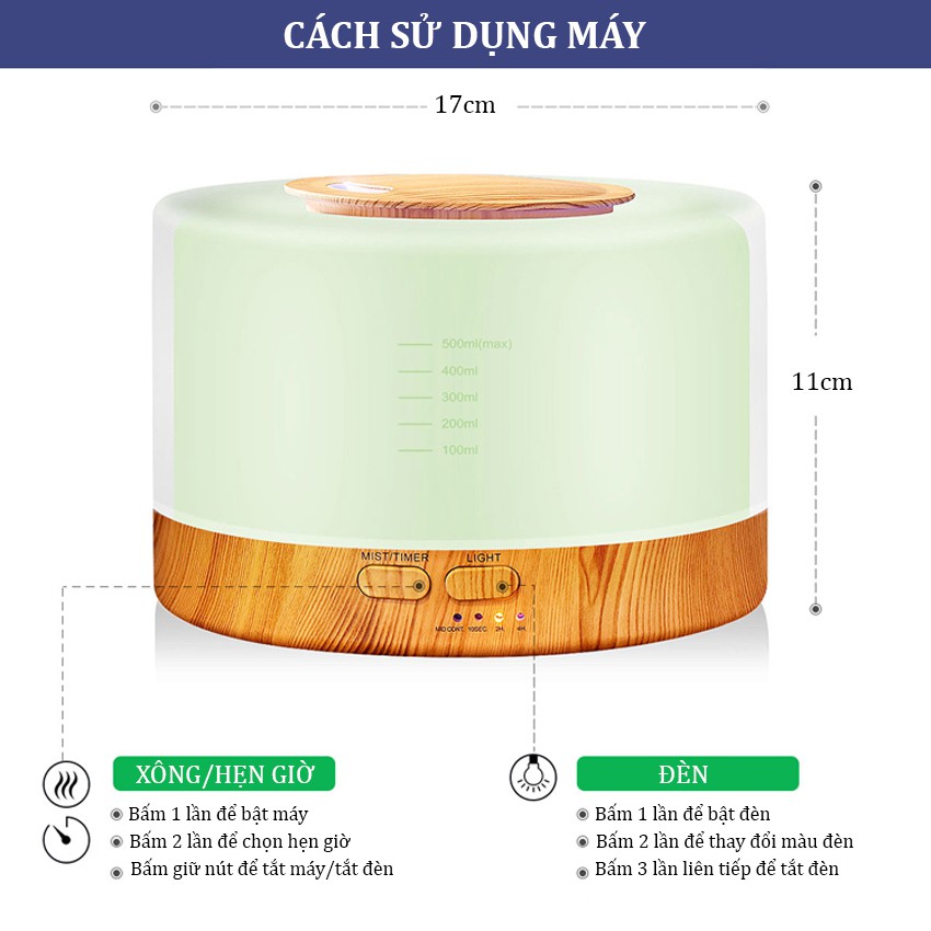 Máy Xông Tinh Dầu Khuếch Tán Phun Sương Hình Trụ Vân Gỗ Nga My Dung Tích 500ml Bù Ẩm Phòng Điều Hòa Phòng Ngủ