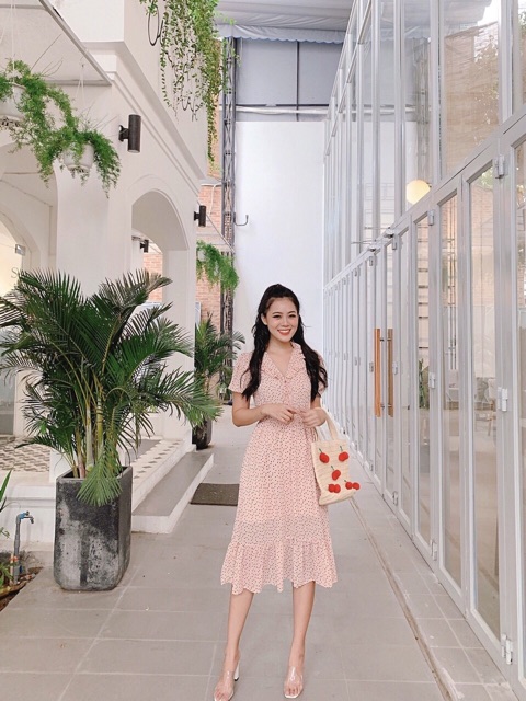 ĐẦM CHẤM BI 2 màu viền bèo 2 lớp xd