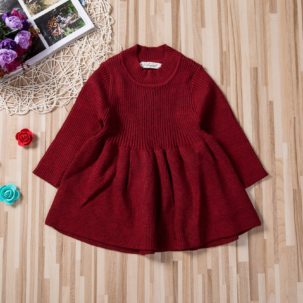 Đầm len tay dài màu trơn thời trang dành cho bé gái