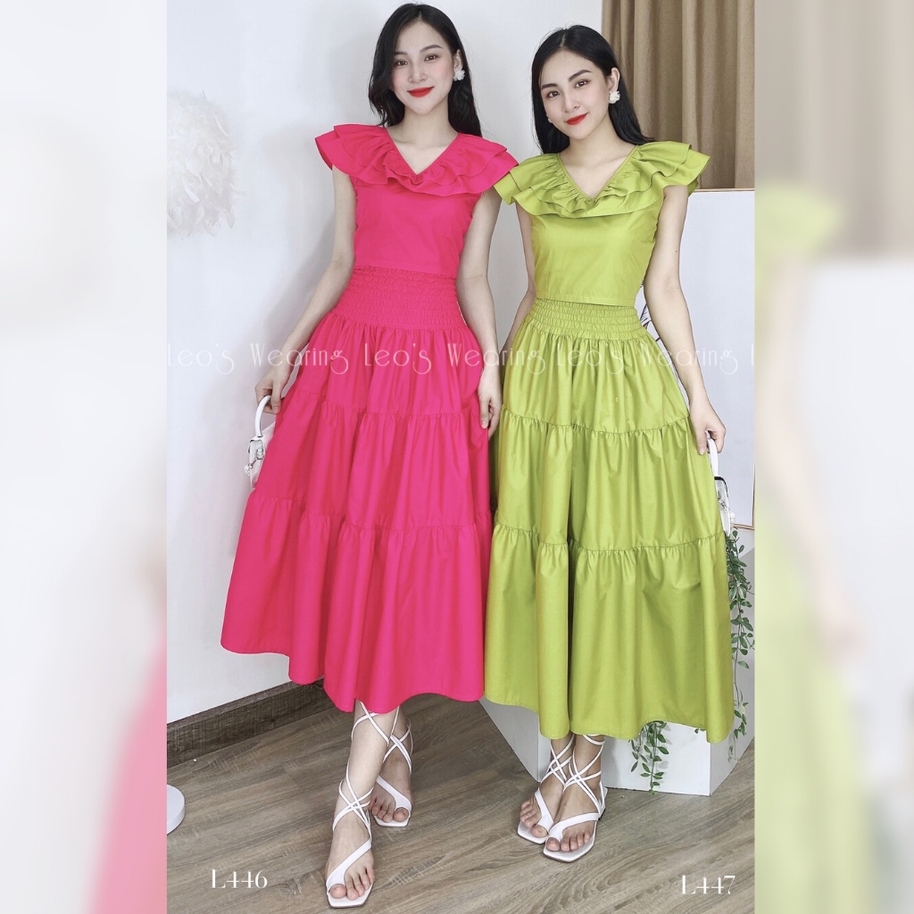 Set váy maxi áo croptop cổ V mix chân váy lưng chun 3 tầng LEOSWEARING L446 L447