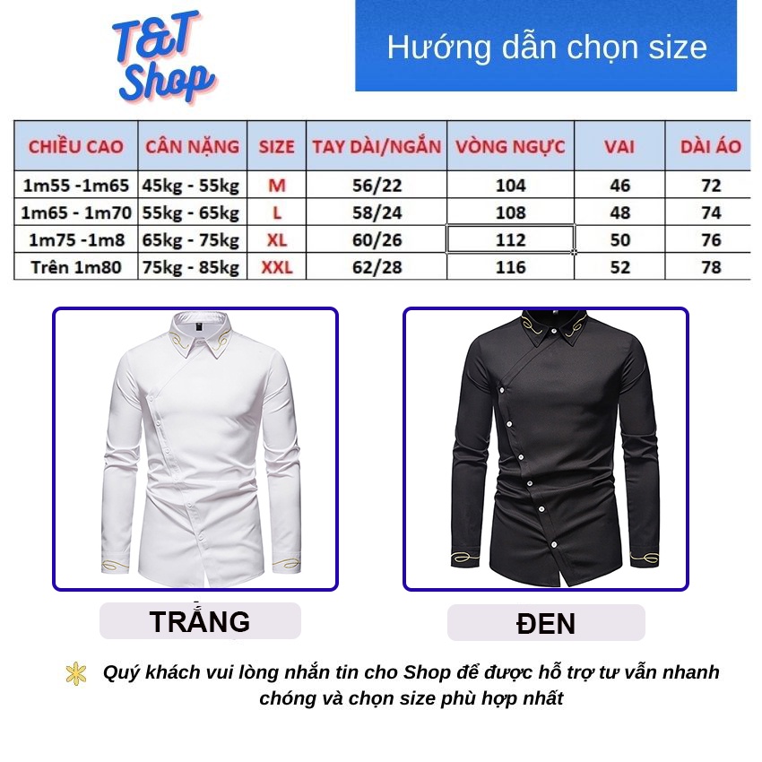 Áo sơ mi, Áo sơ mi nam cúc chéo, theu hoa văn ở cổ, tạo thêm điểm nhấn cho chiếc áo, thu hút cái nhìn cách điệu n27