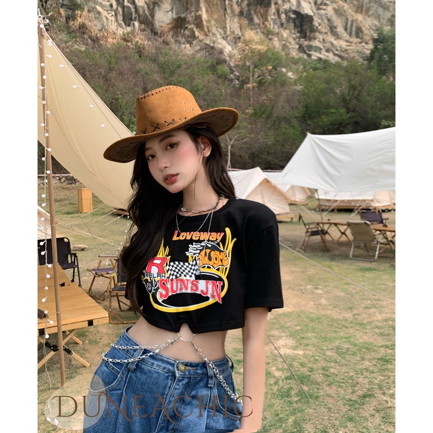 DUNEA Áo Thun Tay Ngắn Màu Đen Phối Dây Xích Phong Cách Retro Cho Nữ