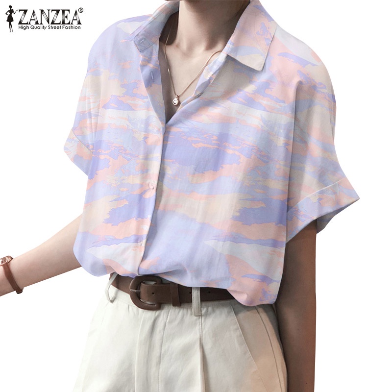 Áo sơ mi ZANZEA tay ngắn phong cách Hàn Quốc trẻ trung năng động dành cho nữ