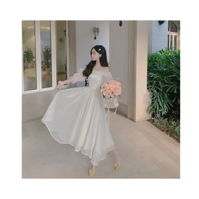 VÁY TRẮNG CÔNG CHÚA TIỂU THƯ TRỄ VAI SEXY QUYẾN RŨ- VÁY TRẮNG TAY PHỒNG DÀI DỰ TIỆC PROM KỈ YẾU- VÁY XOÈ