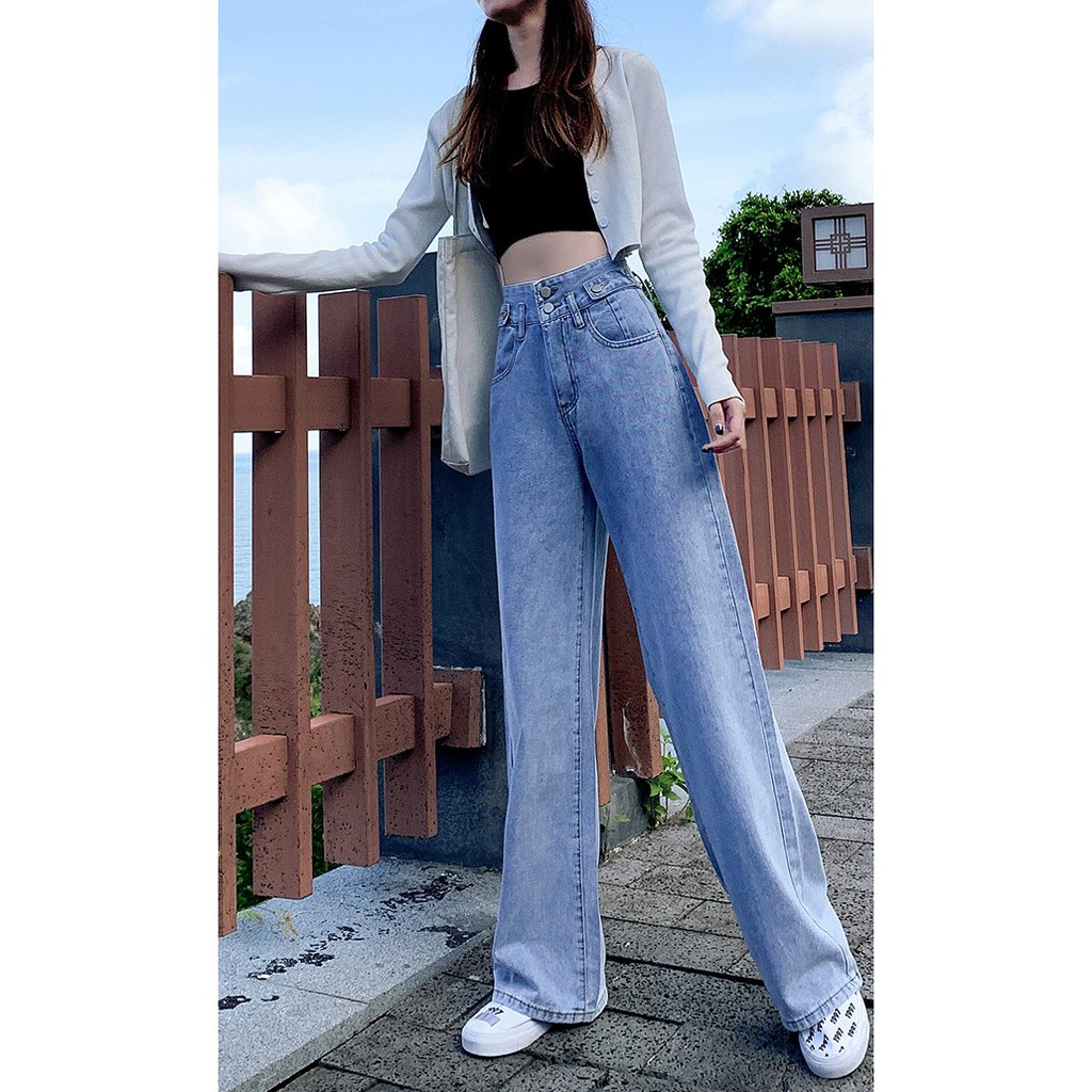 QUẦN JEAN ỐNG RỘNG NỮ LƯNG CAO 2 NÚT 2 ĐAI MÀU XANH NHẠT CAO CẤP NITI ĐỦ SIZE S, M, L LAI CUỐN FORM DÀI RỘNG HOT HIT