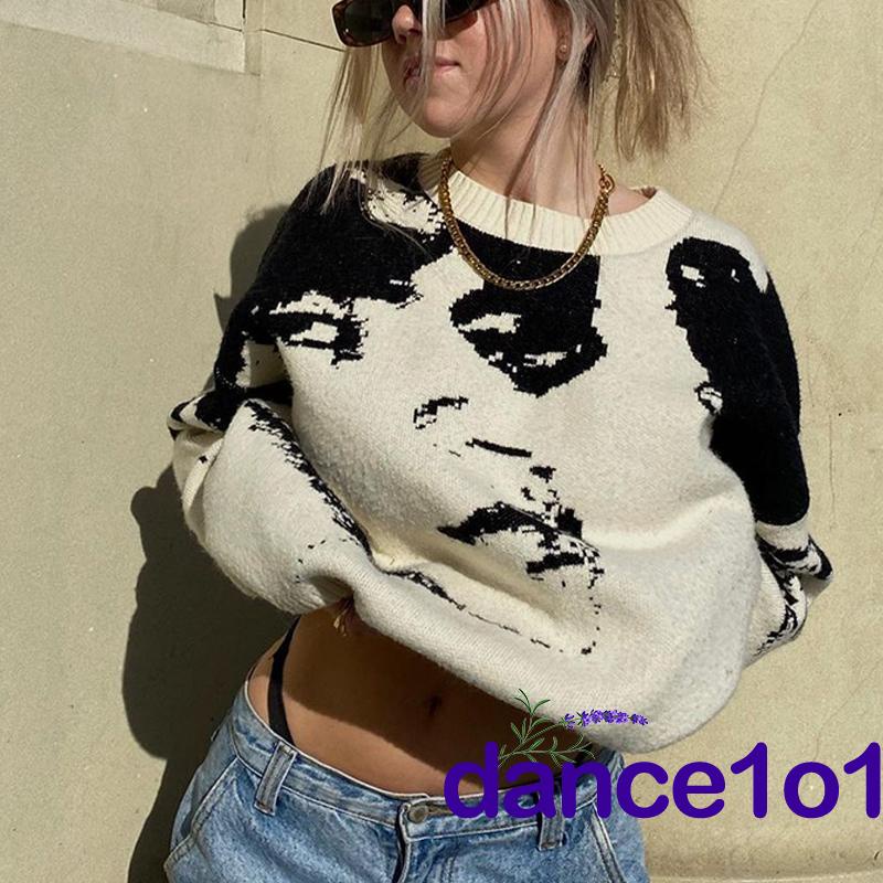 Áo Sweater Tay Dài Cổ Tròn Dáng Rộng In Hình Chân Dung Cho Nữ