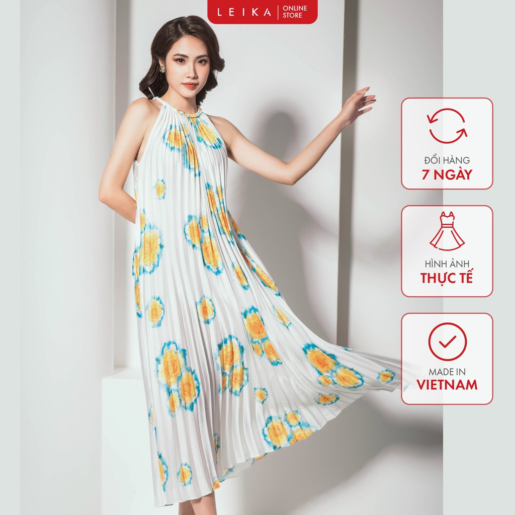 Đầm maxi sát nách họa tiết lụa cổ yếm nữ LEIKA