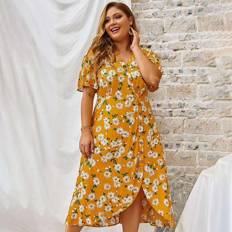 Summer Beach Floral Dress Women Long Dress Ladies Elegant Party Dress Print Oversized Dresses for Women Yellow XL