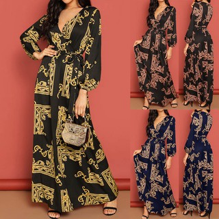 Breakingbd Fashion Women V-Neck Long Sleeve Maxi Long Dress Print Lantern Sleeve Wrap Dress
