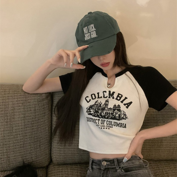 Porozi  Áo thun  tay ngắn cổ chữ V in họa tiết phong cách retro Hàn Quốc thời trang cho nữ 3 màu tùy chọn