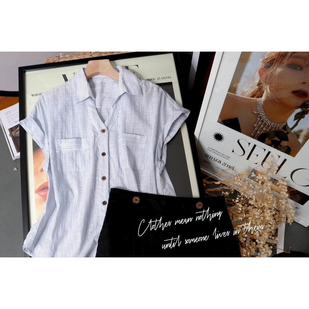 Áo cánh dơi Linen KANAMY sọc phối túi