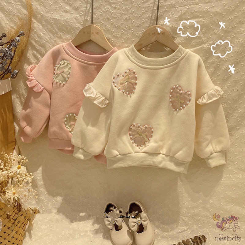 Áo sweater tay dài phối bèo đính ngọc trai giả thời trang Hàn Quốc đáng yêu cho bé gái