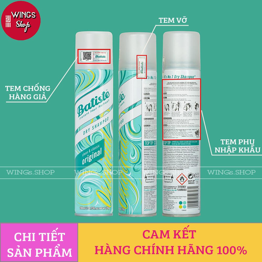 Dầu Gội Khô Batiste Dry Shampoo 50ml-200ml | Hết Ngứa, Hết Bết Dính Tóc, Bồng Bềnh Tức Thì | Hàng Chính Hãng