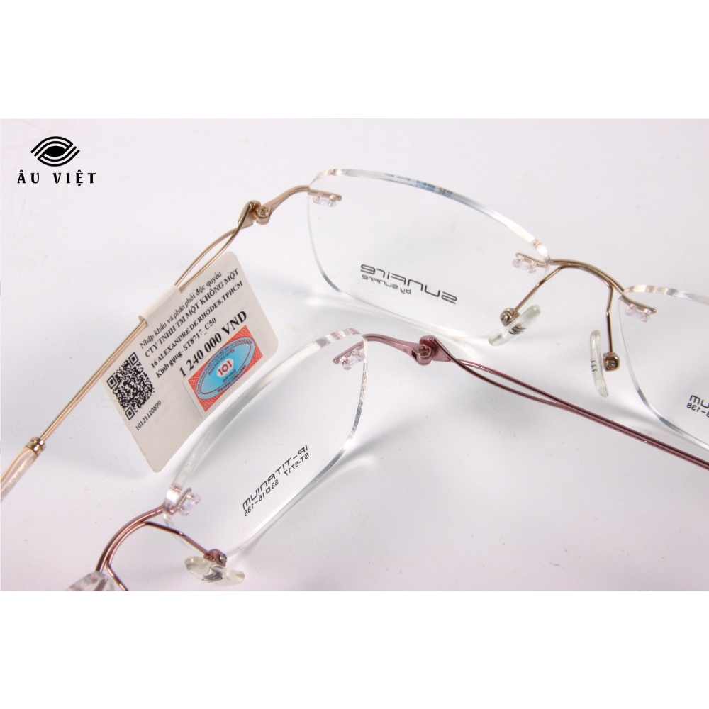 Gọng kính khoan nữ kim loại titanium dáng vuông chữ nhật Sunfire ST-8717 vân đá trắng/hồng Full box