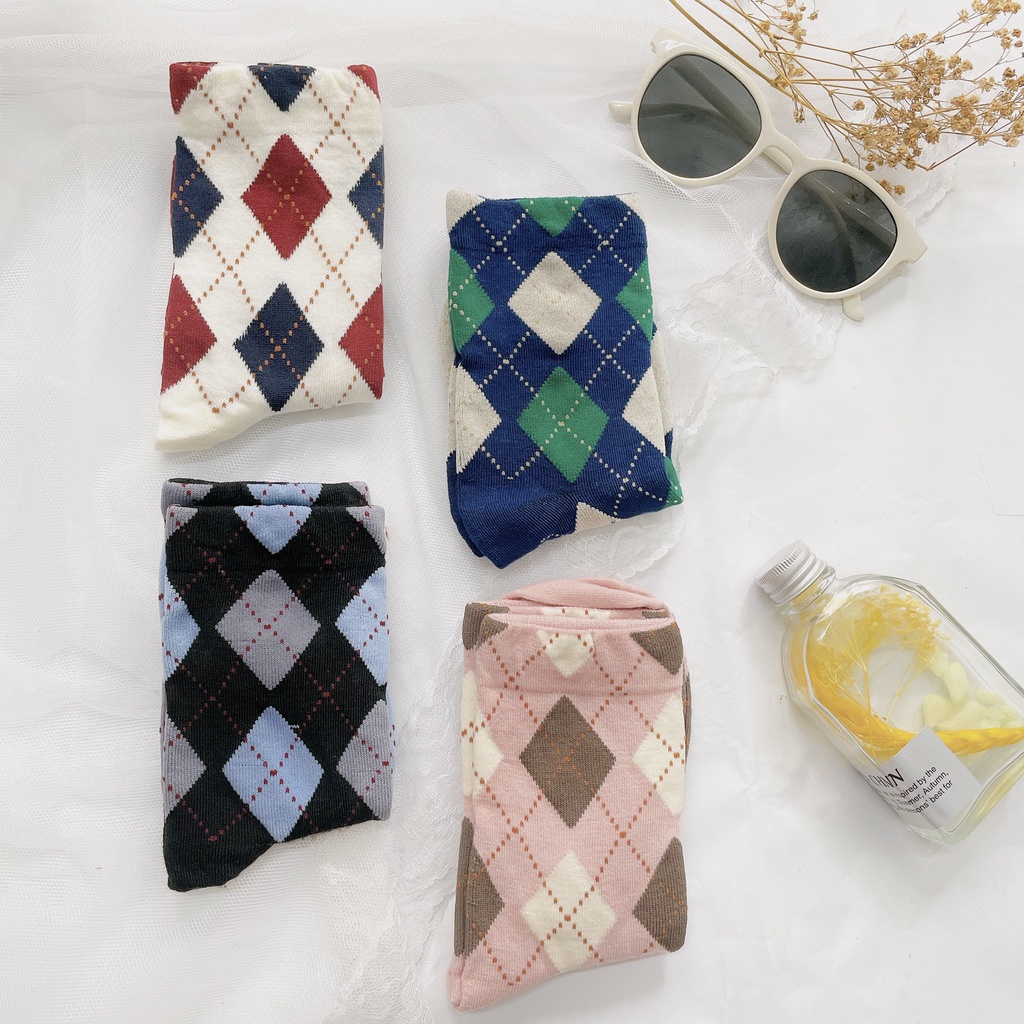 Tất vớ cao cổ unisex caro phong cách nữ sinh Hàn Quốc trendy 026