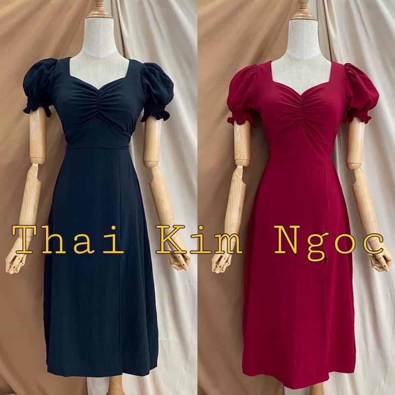 Đầm cổ vuông tay phồng nhíu ngực xẻ tà