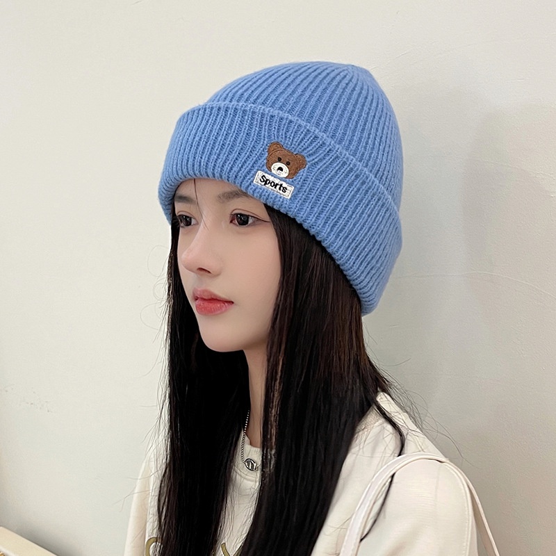 Mũ len dệt kim thêu họa tiết gấu hoạt hình thời trang cho nữ