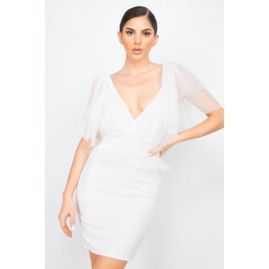 Đầm tiệc ngắn ôm body Iris cổ V tay phối lưới xoè cánh bướm VNXK đầm dạ hội quẩy bar pub sexy xuất khẩu dư xịn