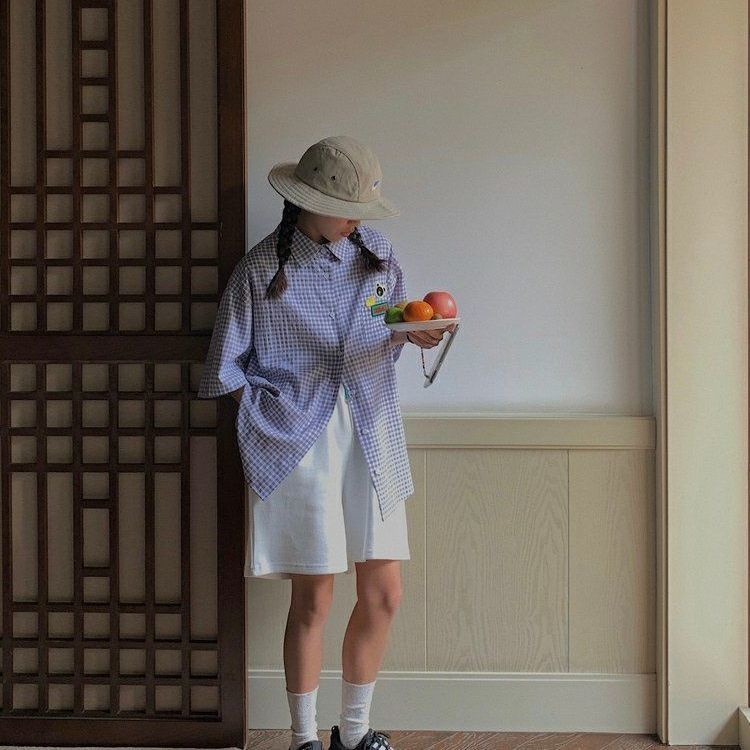 Áo sơ mi tay ngắn kẻ sọc vuông thêu họa tiết gấu đáng yêu thời trang dành cho nữ