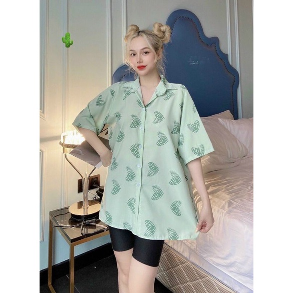 Áo sơ mi in hình trái tim phôm rộng PC