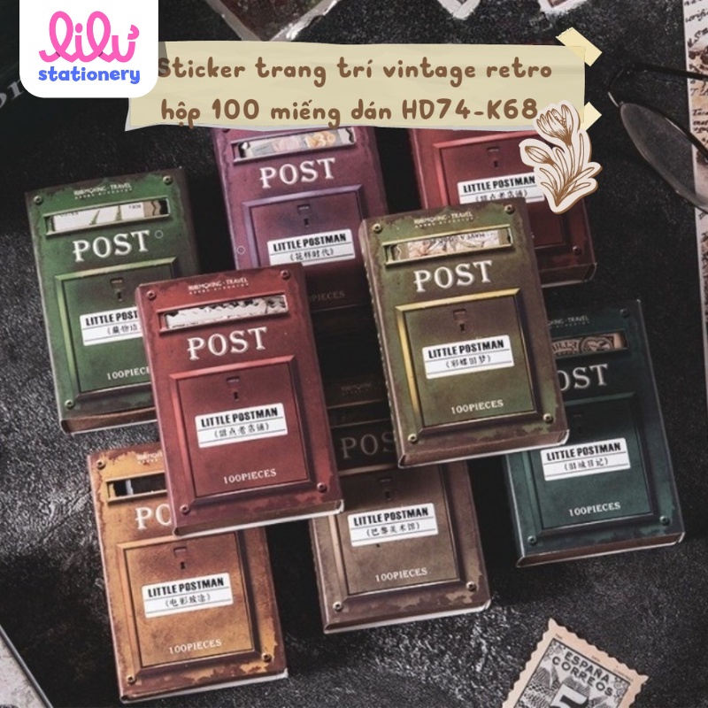 Sticker trang trí vintage retro hộp 100 miếng dán HD74-K68 Box Sticker DIY Bullet Journal Scrapbook Album Nhật Ký