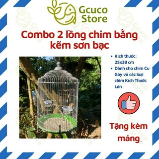 Combo 2 Lồng chim khuyên, hút mật bằng kẽm sơn bạc, lồng sắt xi đường kính 25 cao 38cm (tặng kèm máng)