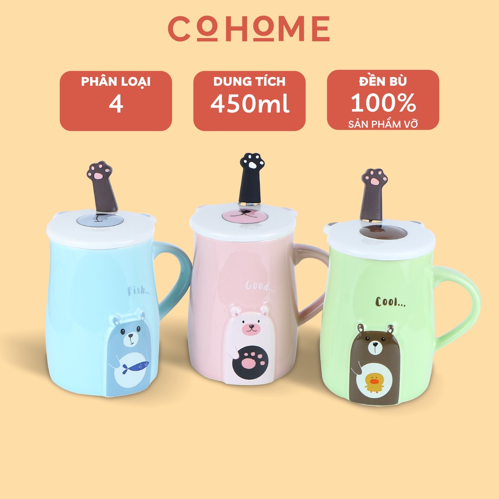 Cốc sứ dễ thương hình gấu 450ml, ly sứ có nắp đậy và thìa pha cà phê, pha trà