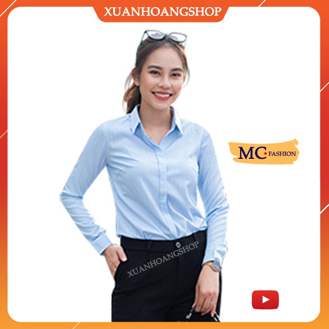 Áo Sơ Mi Nữ Đẹp Kiểu Dáng Công Sở, Kẻ Sọc, Tay Dài, Cổ Đức Màu Xanh, Hồng, Mc Fashion A0298