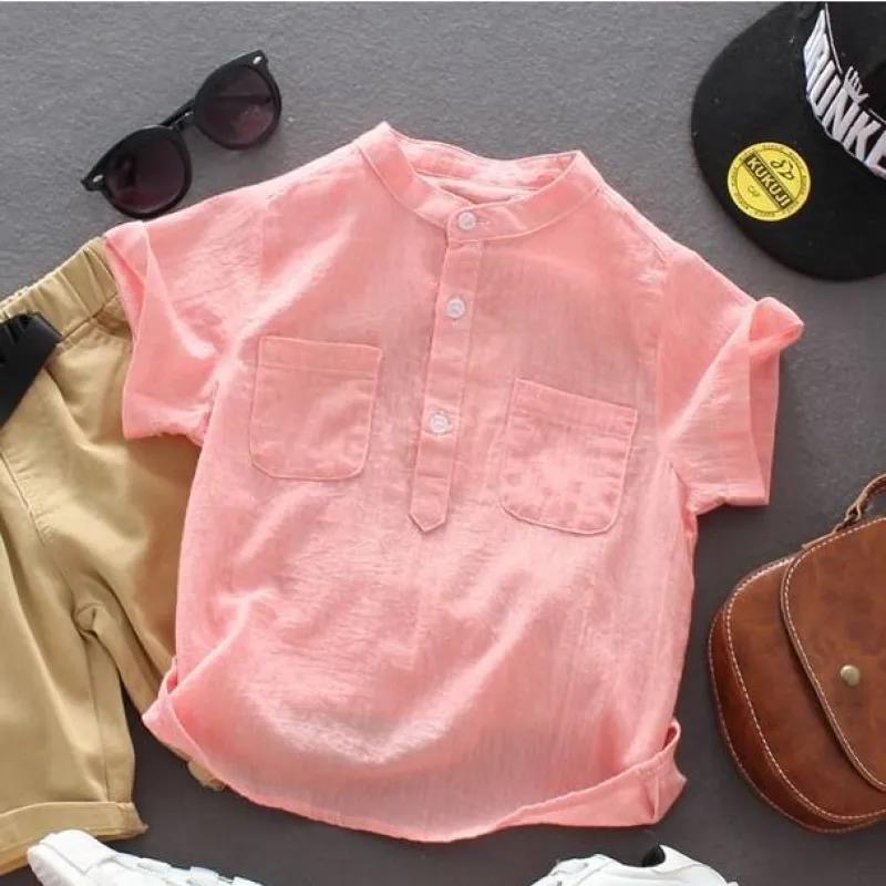 Áo sơ mi trơn nhiều màu vải đũi cộc tay cổ Tàu cho bé trai & bé gái  N01165