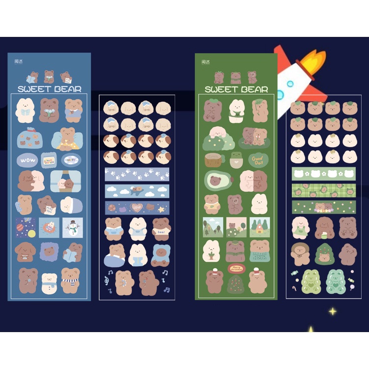 Sticker Set 2 Tấm PET Hình Gấu Sweet Bear