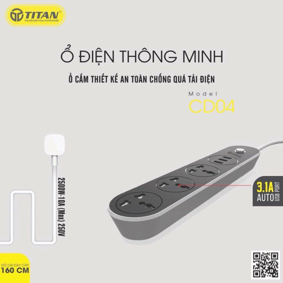 Ổ Cắm Điện Thông Minh TITAN 3 Cổng Cắm Điện 3 Cổng USB - CD04 Dây điện chịu tải lõi đồng an toàn Nút tắt nguồn độc lập