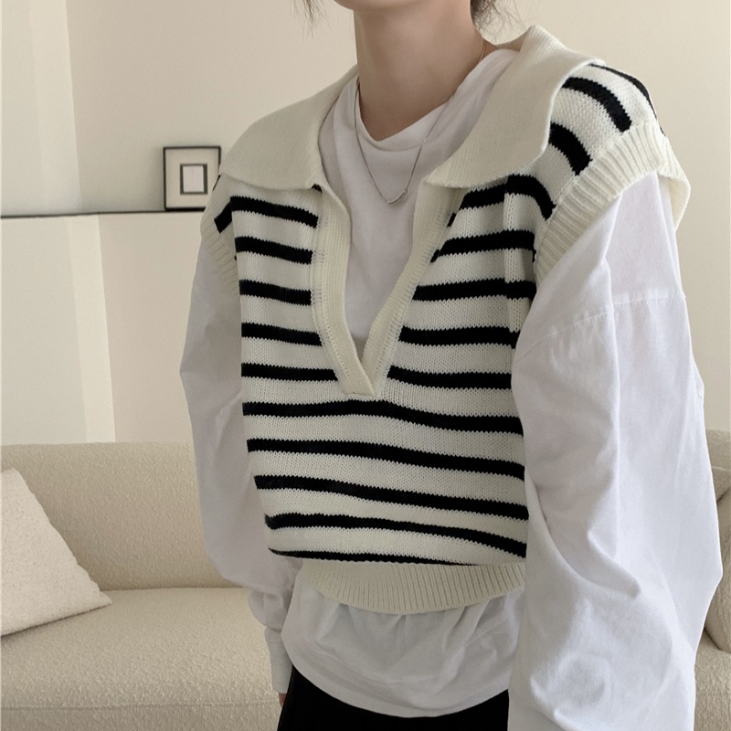 Áo dệt kim ZHELIHANGFEI sát nách lưng cao kẻ sọc cá tính dễ phối đồ