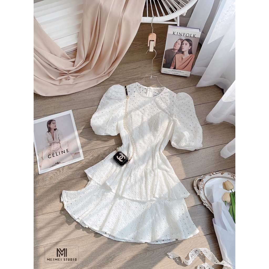 Váy Ren Lily Cộc Tay Phồng Cao Cấp - Đầm Nữ Dáng Xòe Cổ Tròn - Phong Cách Tiểu Thư Bánh Bèo | XNV03 | MeiMei Studio