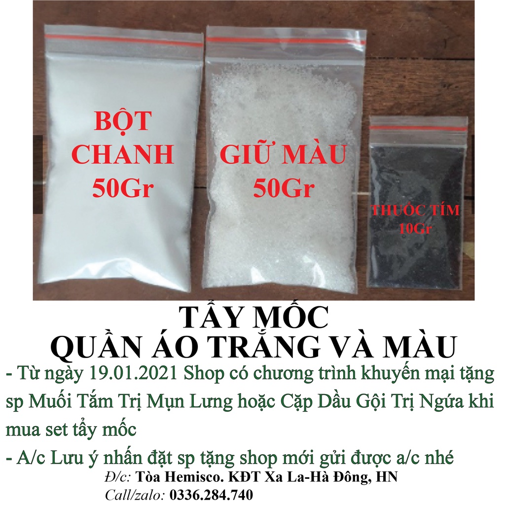 Tẩy Mốc Quần Áo Màu và Trắng Dân Gian Không Hại Da Tay, Gồm Thuốc Tím, Bột Chanh ( axit chanh ), Giữ Màu,Tẩy ố vàng, Mốc