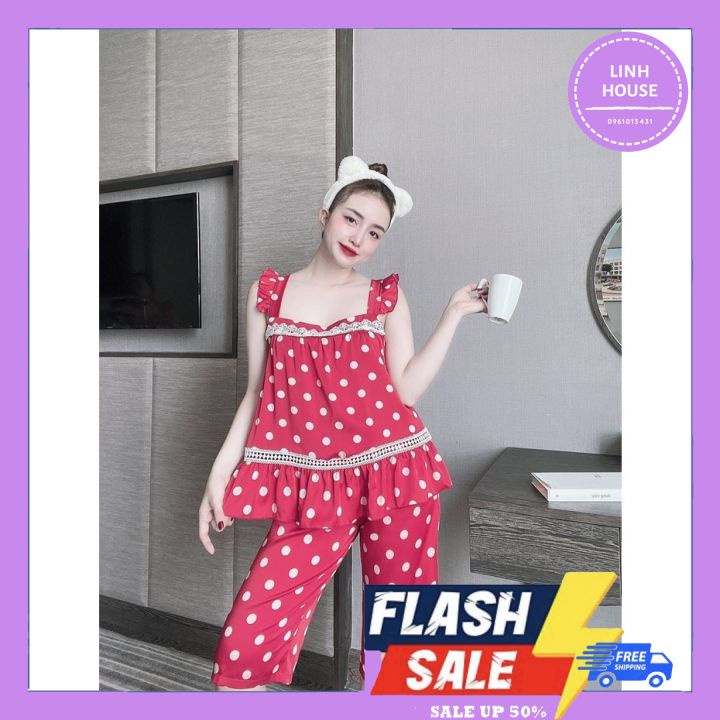 Set ngủ quần lửng áo 2 dây bèo phối ren chất lụa Latin thoáng mát mềm mại S397 - Đồ ngủ cao cấp Vy Linh