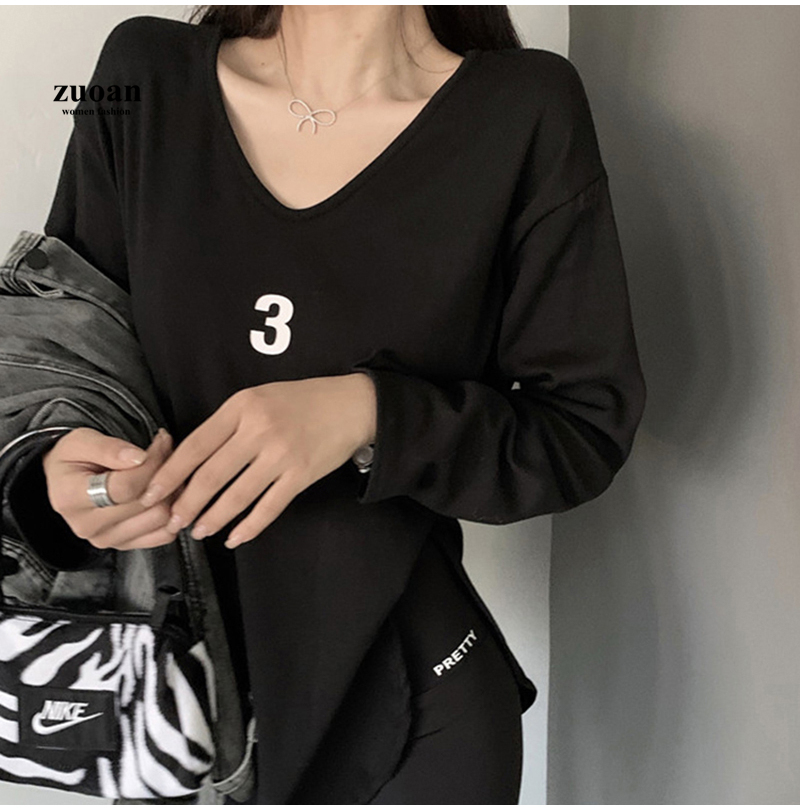 SUXI Áo Thun Cotton Màu Trắng Tay Dài In Họa Tiết Số Thời Trang Cho Nữ