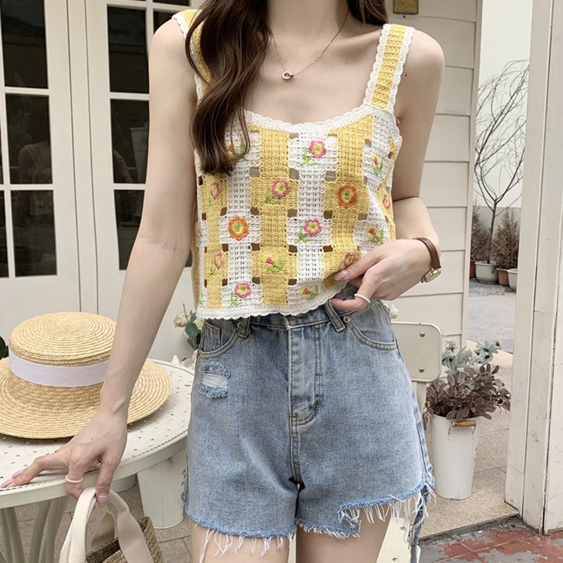 Whi Áo Croptop Dệt Kim Không Tay Thêu Hoa Khoét Rỗng Màu Sắc Tương Phản Cổ Điển Cho Nữ