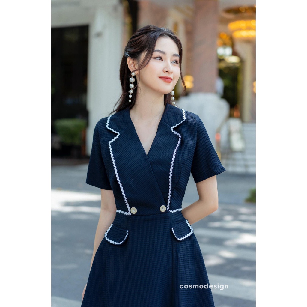 Váy xoè cổ vest COSMO Design vải xốp màu tím than viền trắng sang trọng 10911