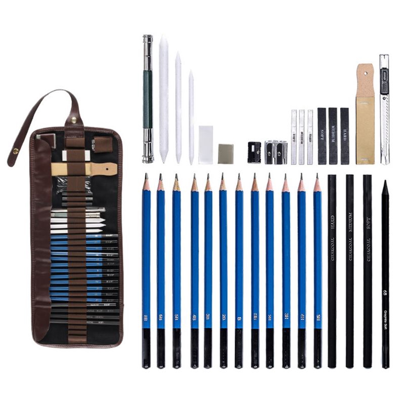 com* 32pcs Professional Sketching Drawing Set Graphite Charcoal Pencil Carrying Bag