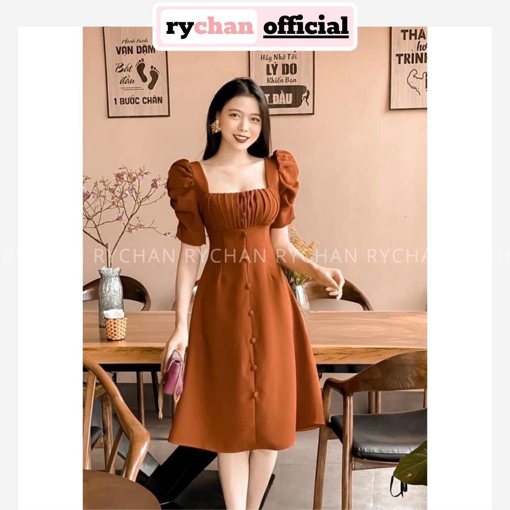 Đầm Xòe Midi Cổ Vuông Nút Bọc Tay Phồng 2 Màu [Ảnh Thật Cuối] - DX9997