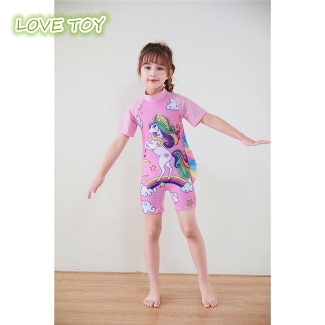 Bộ Đồ Bơi 2 Món Ngắn Tay In Hoạt Hình Kỳ Lân Kèm Mũ Dễ Thương Cho Bé Gái