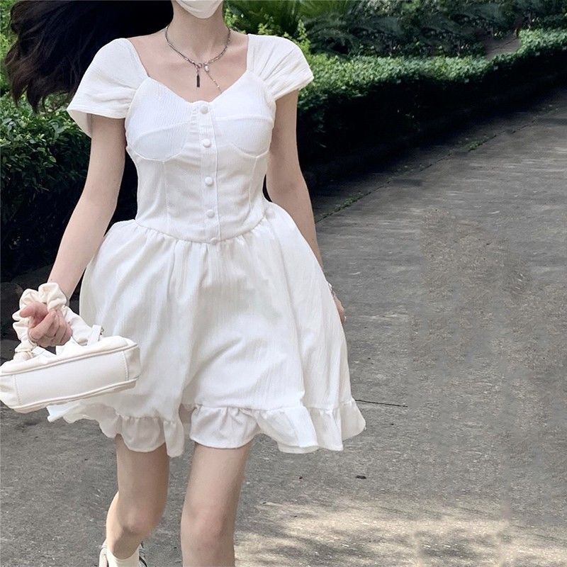 ▨First Love Fairy Dress Spring 2022 New Gentle Wind Slim Eo mỏng Cổ vuông mỏng Kiểu Pháp Kiểu Tây Tay áo ngắn